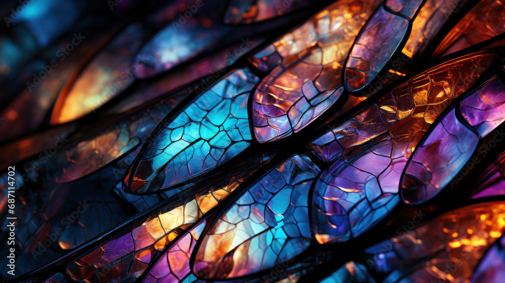 Multi-colored, vibrant abstract texture, wing of psychedelic dragonfly under microscope Multi-colored, vibrant abstract texture, wing of psychedelic dragonfly under microscope
