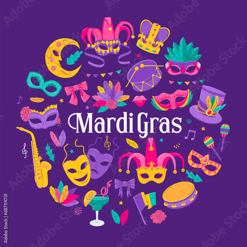 Mardi Gras Carnival design elements. Decoration for carnival  festival  masquerade party. Venetian mask  crown  feathers  flags  musical instruments. Vector isolated illustrations.