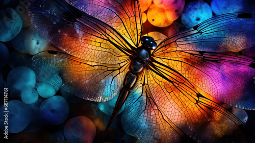 Multi-colored  vibrant abstract texture  wing of psychedelic dragonfly under microscope