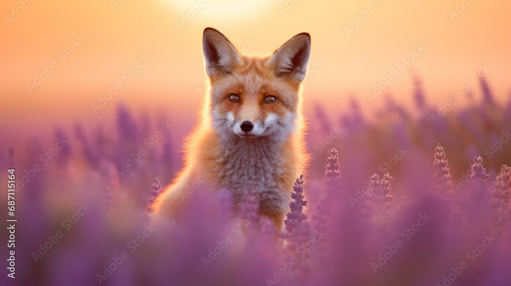 Fluffy red fox in lavender flowers Fluffy red fox in lavender flowers