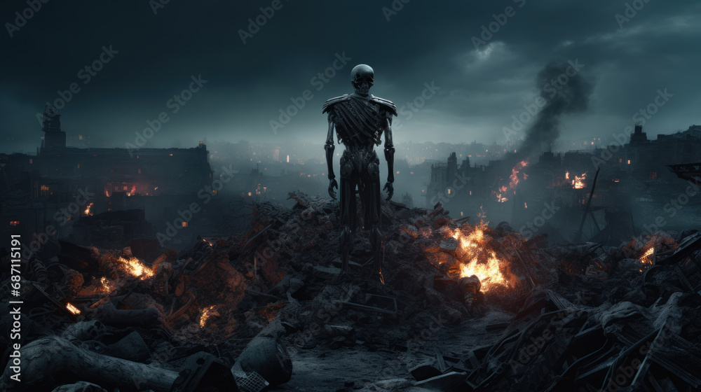 Obraz premium Rise of the machines - Robot Death on burning ruins