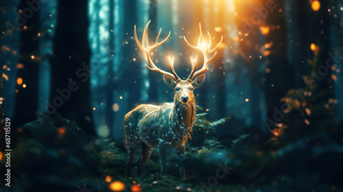 Silver glowing magical stag in dark forest photo