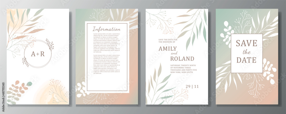 Set of elegant vector wedding invitation templates in pastel colors