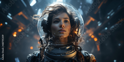 Frau als Astronautin mit Anzug und Helm bei der Raumfahrt, ai generativ