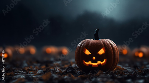 Spooky Pumpkin with Dark Hollow Eyes Surrounded by Fog