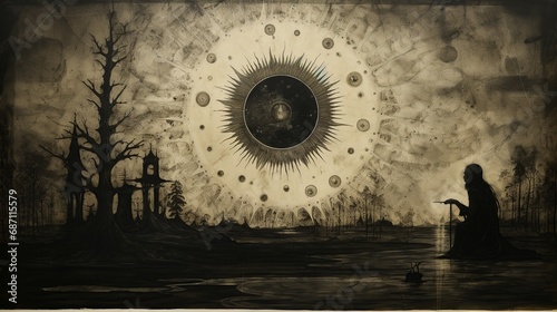 Ancient Prophecy: Thales Predicting a Solar Eclipse in a Painting on Old Paper photo