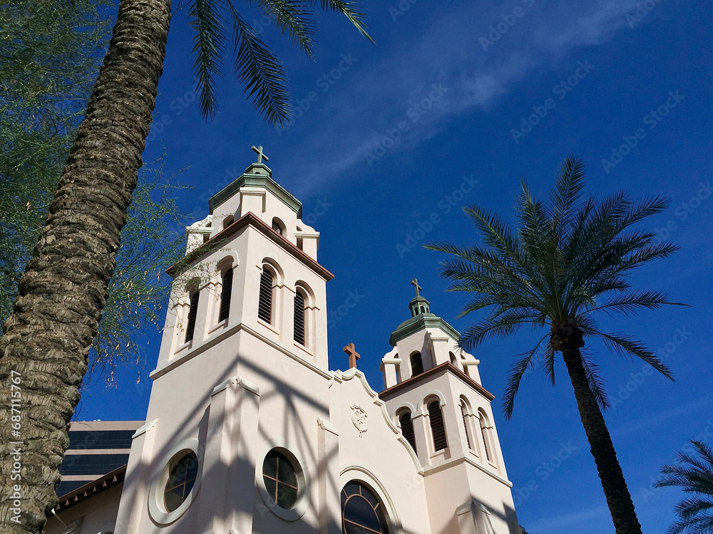 church with palm trees