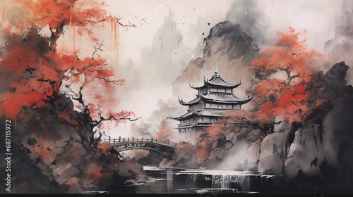 Ancient Temple in Autumn Mountains: Old Paper Painting