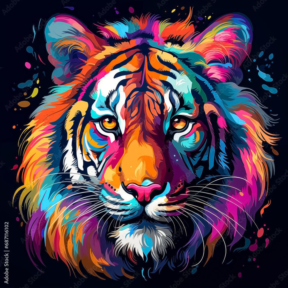 Tiger head with colorful paint splashes on black background. Vector illustration. Colorful vector illustration for t-shirt print.
