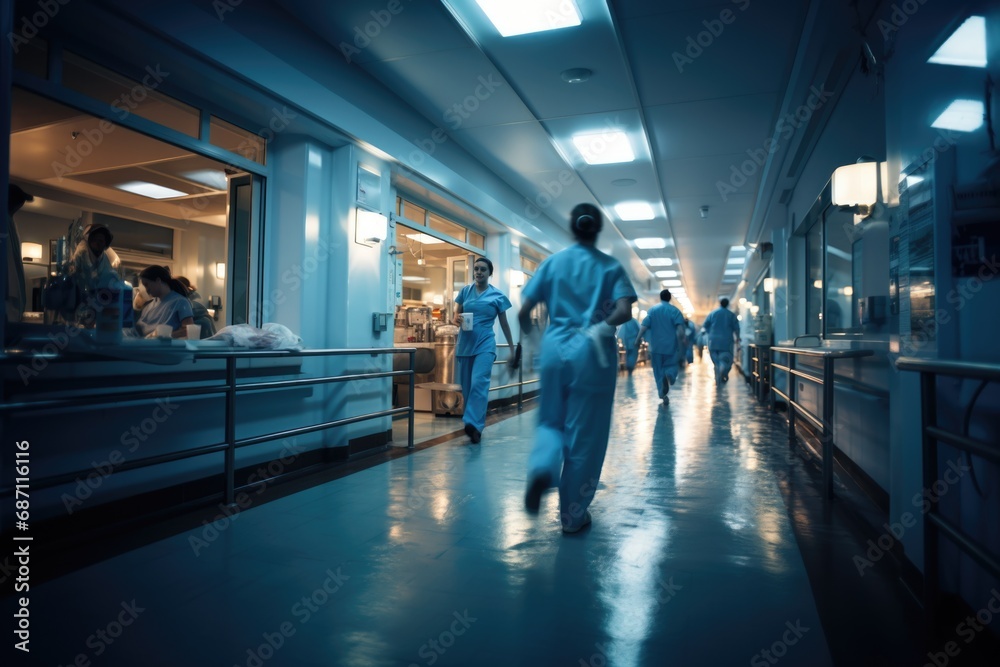 Busy hospital corridor with diverse doctors in motion suitable for medical and healthcare services