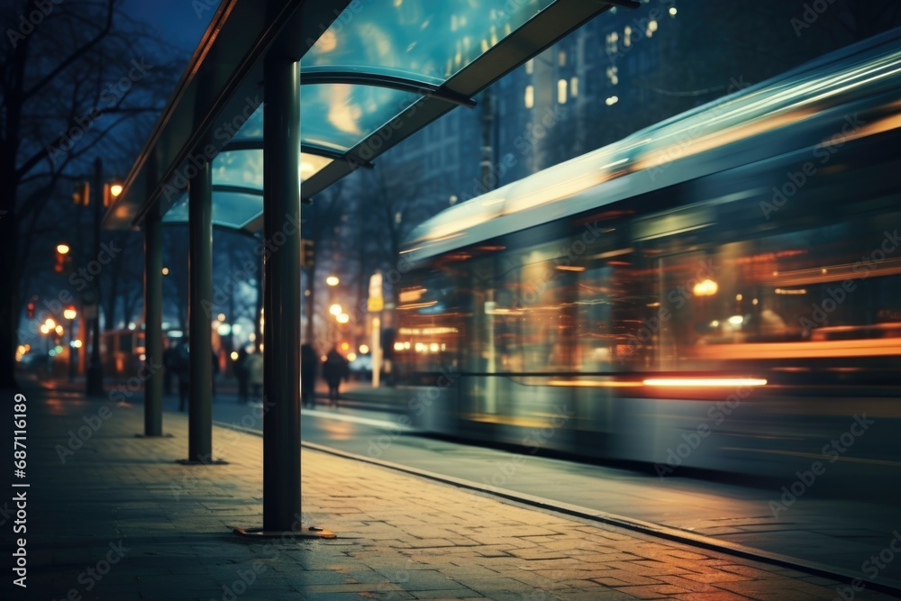 Night scene of bus stop captured with motion blur - obrazy, fototapety, plakaty 