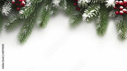 Christmas background with xmas  tree, fir branches and balls on white background. Merry christmas card. Winter holiday theme. Happy New Year. Space for text, top view
