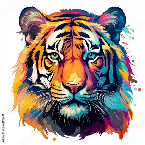 Tiger head with colorful paint splashes on white background. Vector illustration. Colorful vector illustration for t-shirt print.