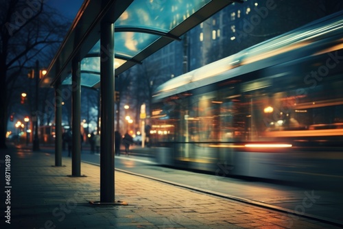 Night scene of bus stop captured with motion blur