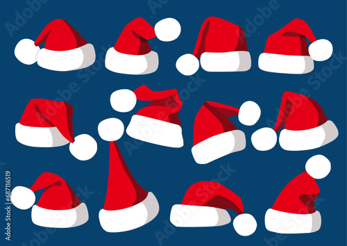 Hat santa christmas set decorations and design isolated on blue background illustration vector 

