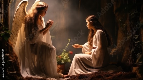 Woman on knees with outstretched hands receives Annunciation of Blessed Virgin Mary
