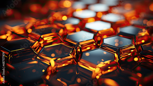 Hexagonal Radiance: Abstract Web Illuminated in Orange Brilliance. Generative AI