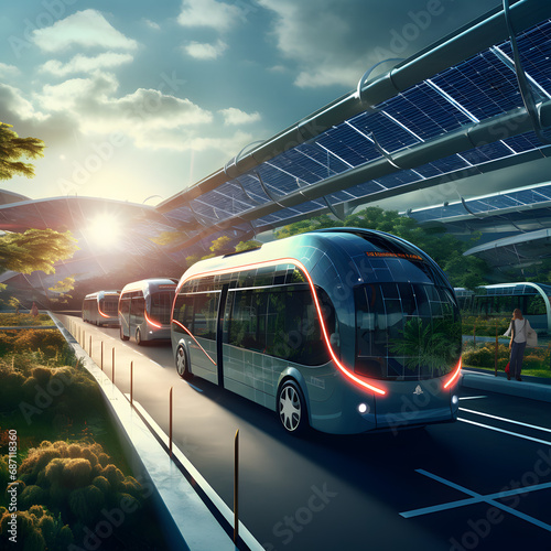 Solar-Powered Transportation: Visuals of solar-powered vehicles, including electric cars and buses, highlighting the integration of solar panels for sustainable transportation