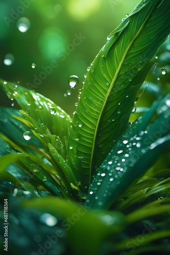 close up to the ground morning jungle leaves and grasses generative ai