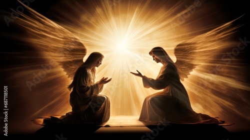 Woman on knees receives Annunciation of Blessed Virgin Mary photo