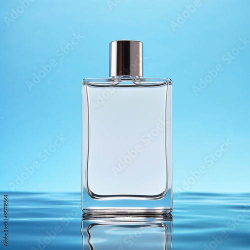 A sleek skincare bottle with a blank label against a vibrant blue background. Copyspace on blank label.