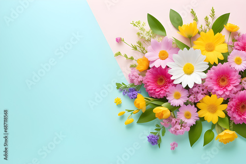 spring floral composition made of fresh colorful flowers on light pastel background generative ai
