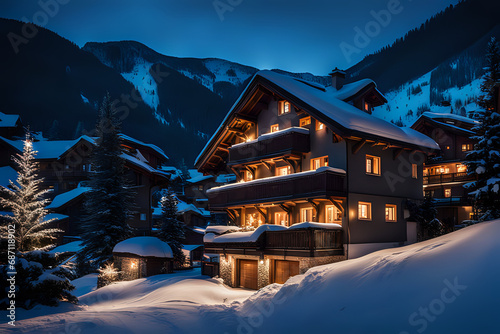 Ski resort houses decorated for Christmas in winter, street in mountain village or town at night. Chalets covered with snow in dark cinematic scenes