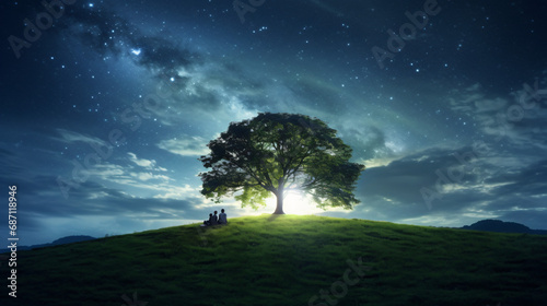 Milky Way with people under the tree on the hill