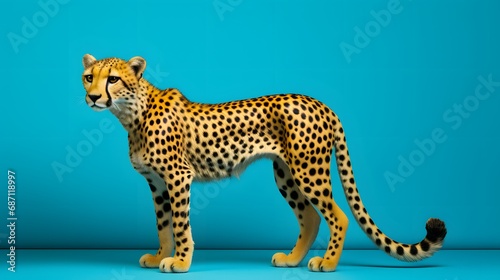 a toy cheetah standing on top of a yellow and blue surface in front of a blue and yellow background.