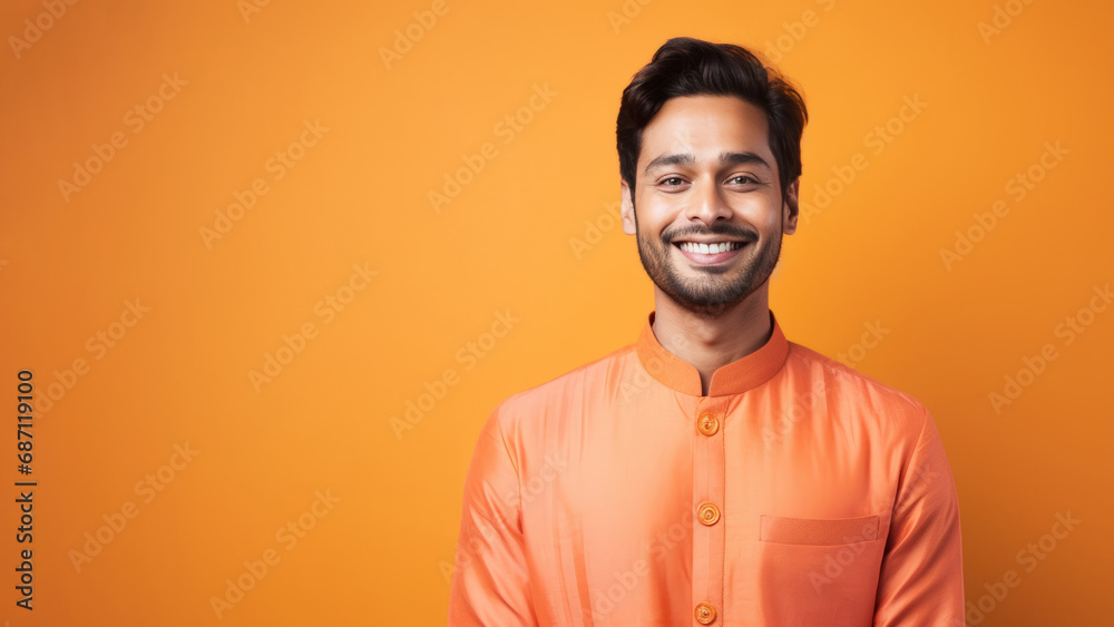 Obraz premium Gleeful South Asian man, 20s, with short jet-black hair in orange studio