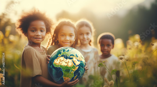 Global Unity and Peace: African Kids with Earth Globe