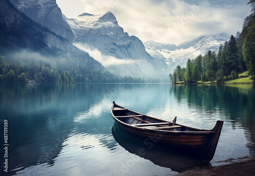 Tranquilidade montanhosa - Lago sereno  barco de madeira e montanhas majestosas