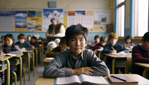 Smiling Inuit boy sitting at a desk in the school classroom.Elementary or Primary school age.