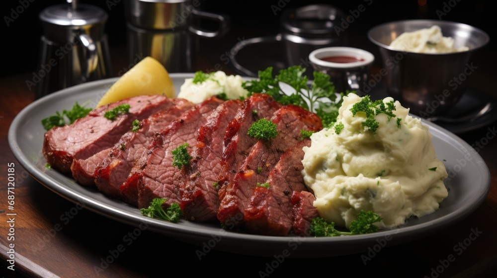 Appetizing meat with yellow mashed potatoes on a plate close-up. Appetizing meat with yellow mashed potatoes on a plate close-up.