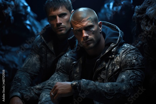 Two young handsome athletic men in army uniform are sitting against the backdrop of dark rocks. photo
