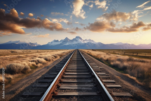 Railroad to horizon in sunset, snow mountains on background
