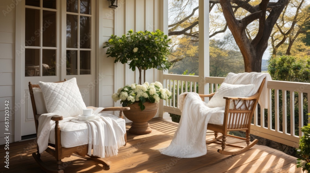 A light wooden rocking chair against the background of a white house. The theme of rest and relaxation.