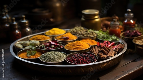 A lot of aromatic fragrant spices in containers on a wooden table. Cooking theme.
