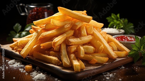 Crispy delicious fries with salt and spices. Fast food theme.