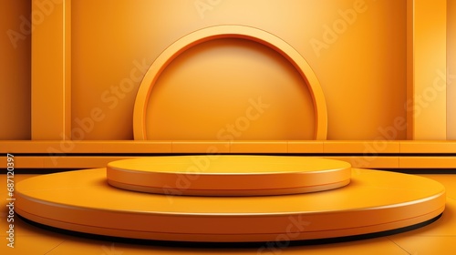 A large podium in the form of a fashionable round platform for demonstrating products. Fashionable interior style.