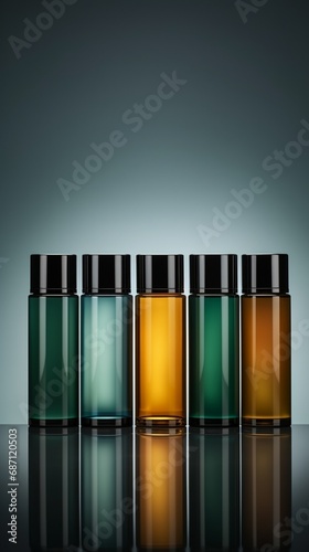 Close-up of luxury skincare product bottle in assorted colors, none in green, lined up with precision. Each bottle showcases a blank label, ideal for adding text and with copyspace on blank label.