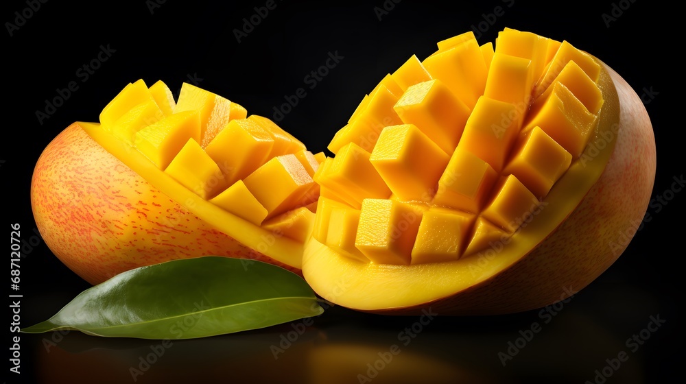 A very tasty mango, sliced and whole, isolated