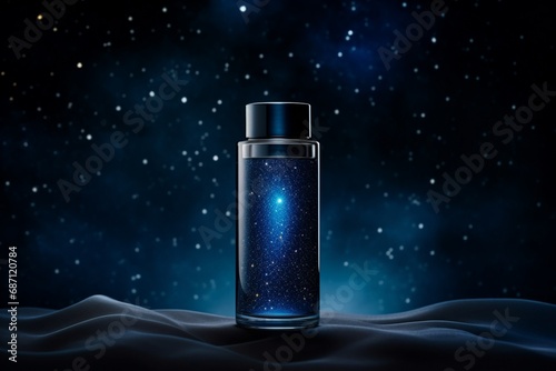 Cosmic-themed skincare bottle in a shimmering midnight blue, showcased against a starry night sky. Empty label for logo placement, copy space on blank label.