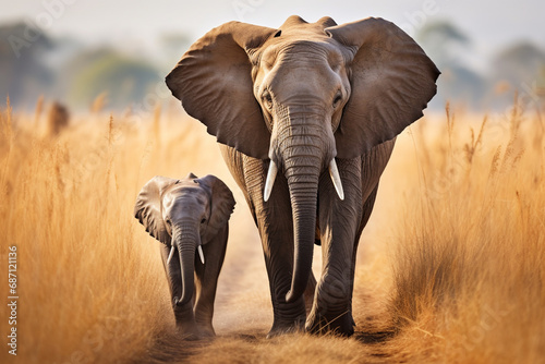Mom and baby African elephant walking together in field