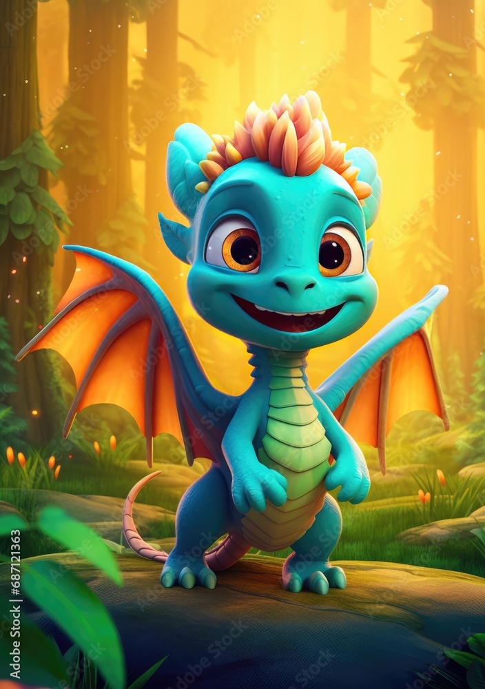 Naklejka premium A beautiful cute magic dragon with big kind eyes sits against the backdrop of a fairy forest. A wonderful and sweet character.