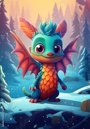 A beautiful cute magic dragon with big kind eyes sits against the backdrop of a fairy forest. A wonderful and sweet character. photo