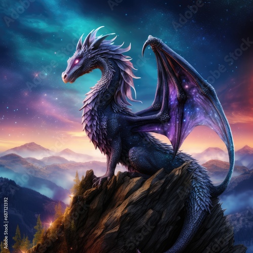 A mystical magical dragon sits on a huge rock against the backdrop of thunderclouds.