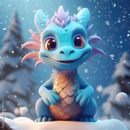 Cute funny charming dragon sits on the snow. Against the background of a winter forest. Symbol of the New Year.
