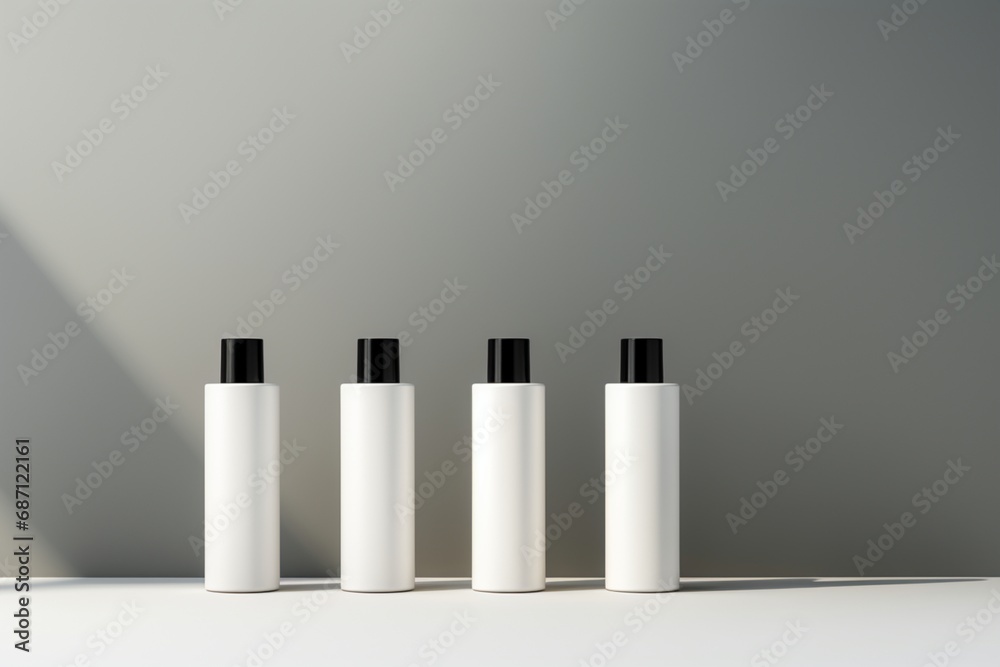 Minimalistic skincare product bottle displayed elegantly, providing copyspace on blank labels for your unique customization. Copyspace on blank labels.