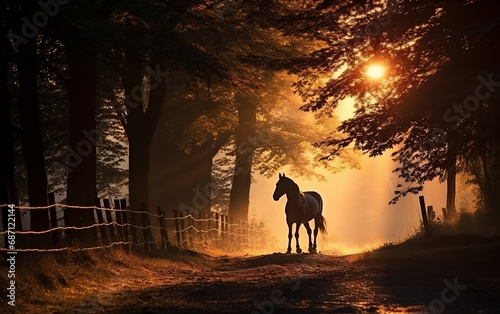 caminho de cavalo na floresta de árvores no início da manhã lindo caminho na floresta de árvores no início da manhã © Alexandre